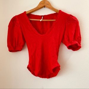 Free People waffle knit top puff sleeve XS